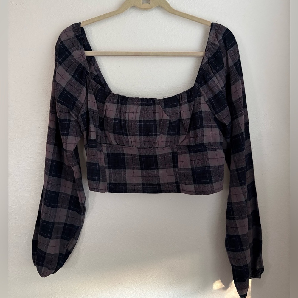 Wild Fable Size M Plaid Square Neck Blouse Black Purple Stretch Long Sleeve Top